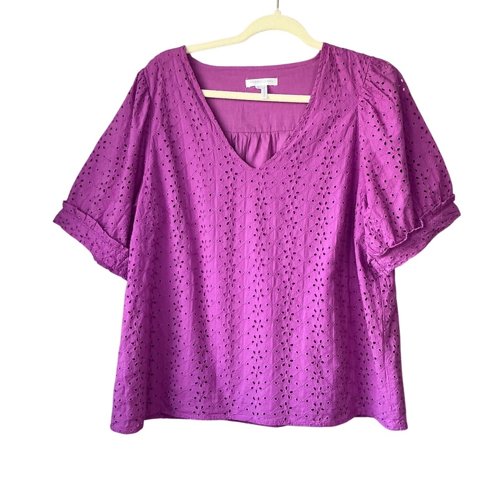 Draper James Purple Eyelet Cotton V-Neck Puff Sleeve Blouse TOW0672 Women's‎ L